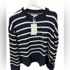 Tommy Hilfiger Navy & White Striped  Cable Knit Crewneck Sweater( NWT)